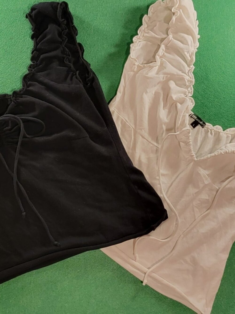 Mandee Size L White Peasant Crop Top + Black Ruched Crop Top 2 Piece Lot